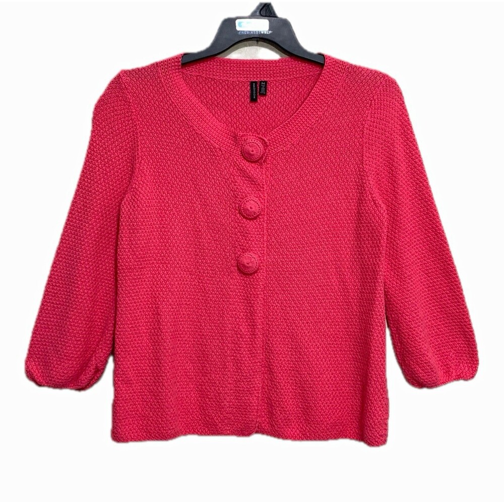 Madison Cardigan Sweater Women's Size M Pink Knit Button-Front 3/4 Scoop Neck